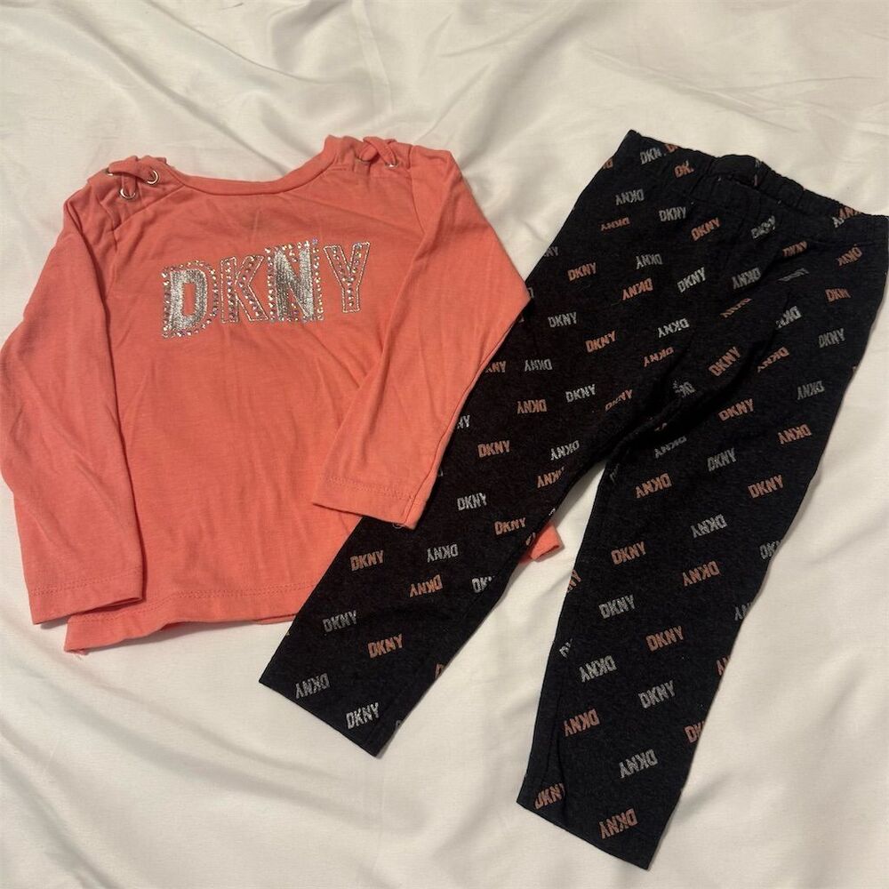 DKNY Girls Size 2t Outfit Set coral Top & Black Logo Leggings Casual